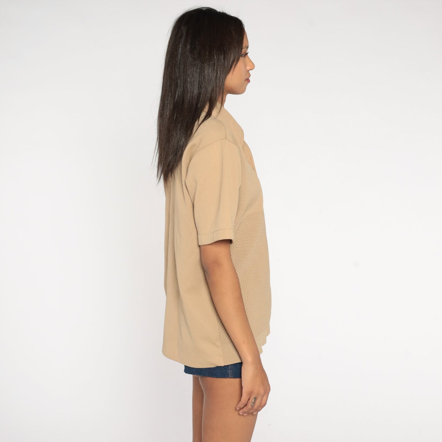 70s Tan Textured Polo Shirt Chest Pocket Collared Medium Large
