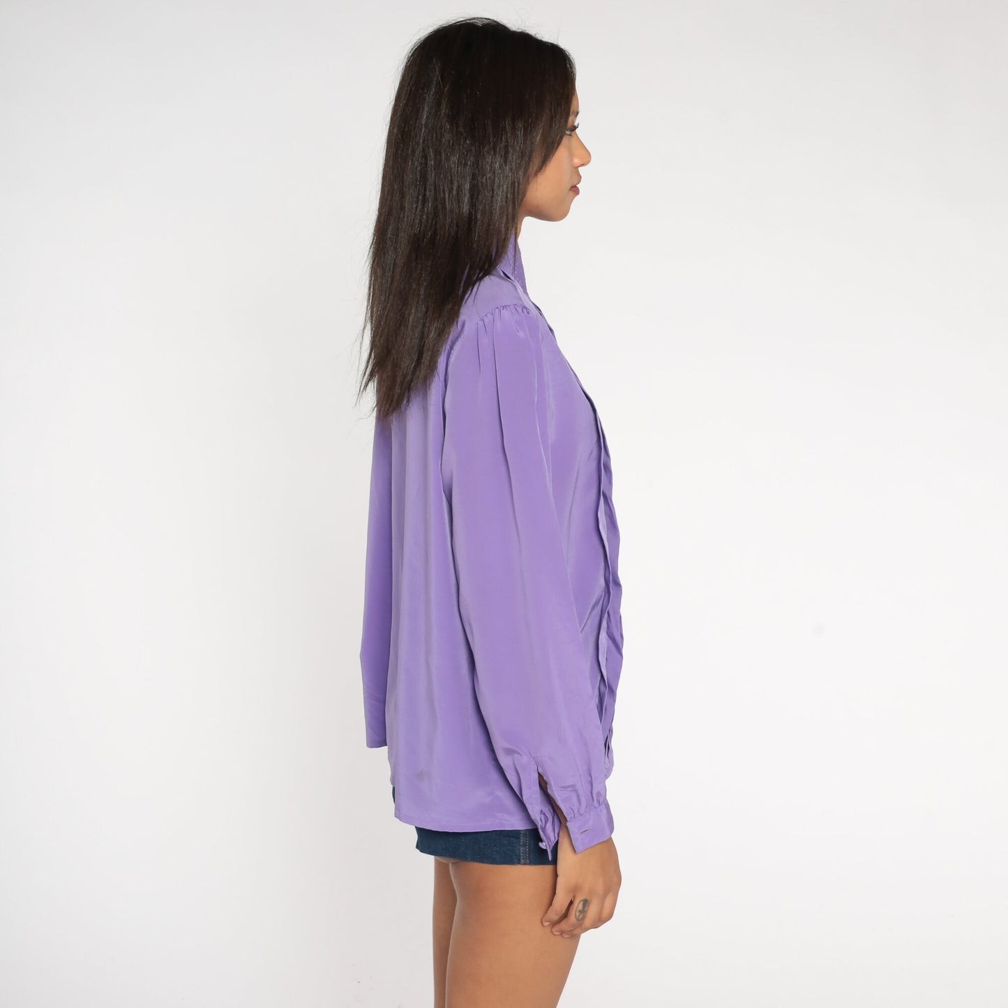 80s Purple Puff Sleeve Blouse Pleated Collared Button-Up Large 12