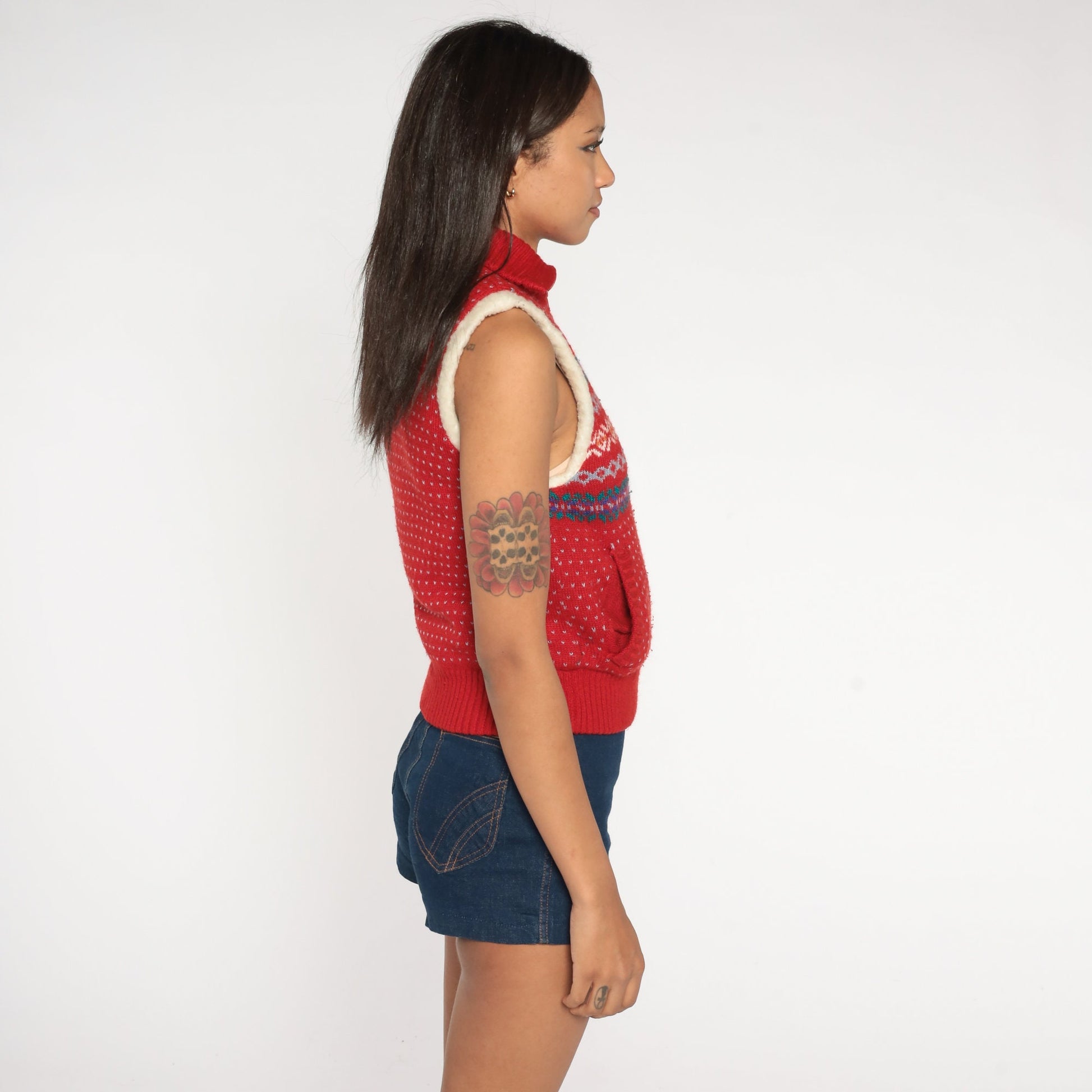 80s Fair Isle Fleece Vest Red Nordic Zip-Up Shearling Lining Extra Small