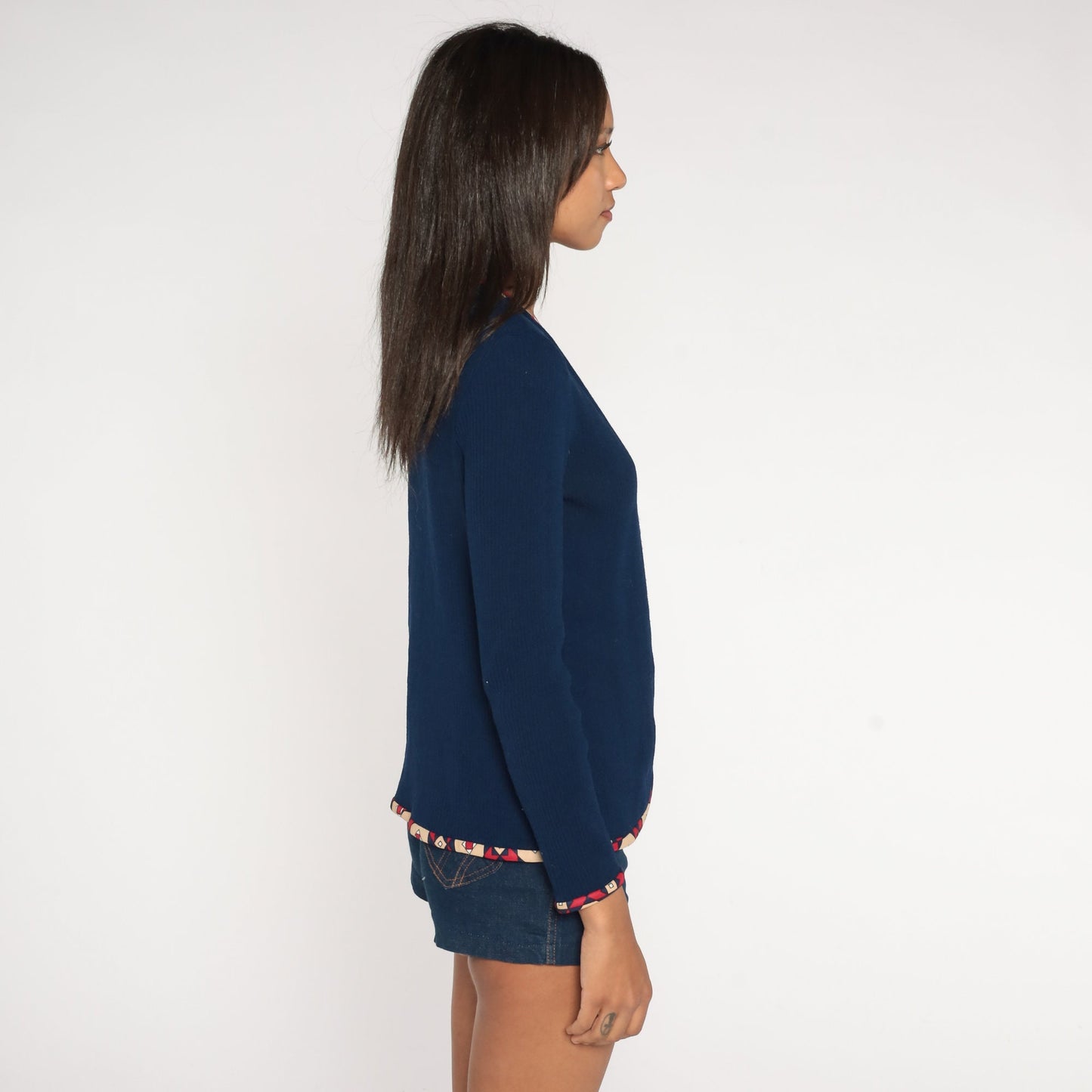70s Navy Open Front Jacket Geometric Trim Lightweight Small