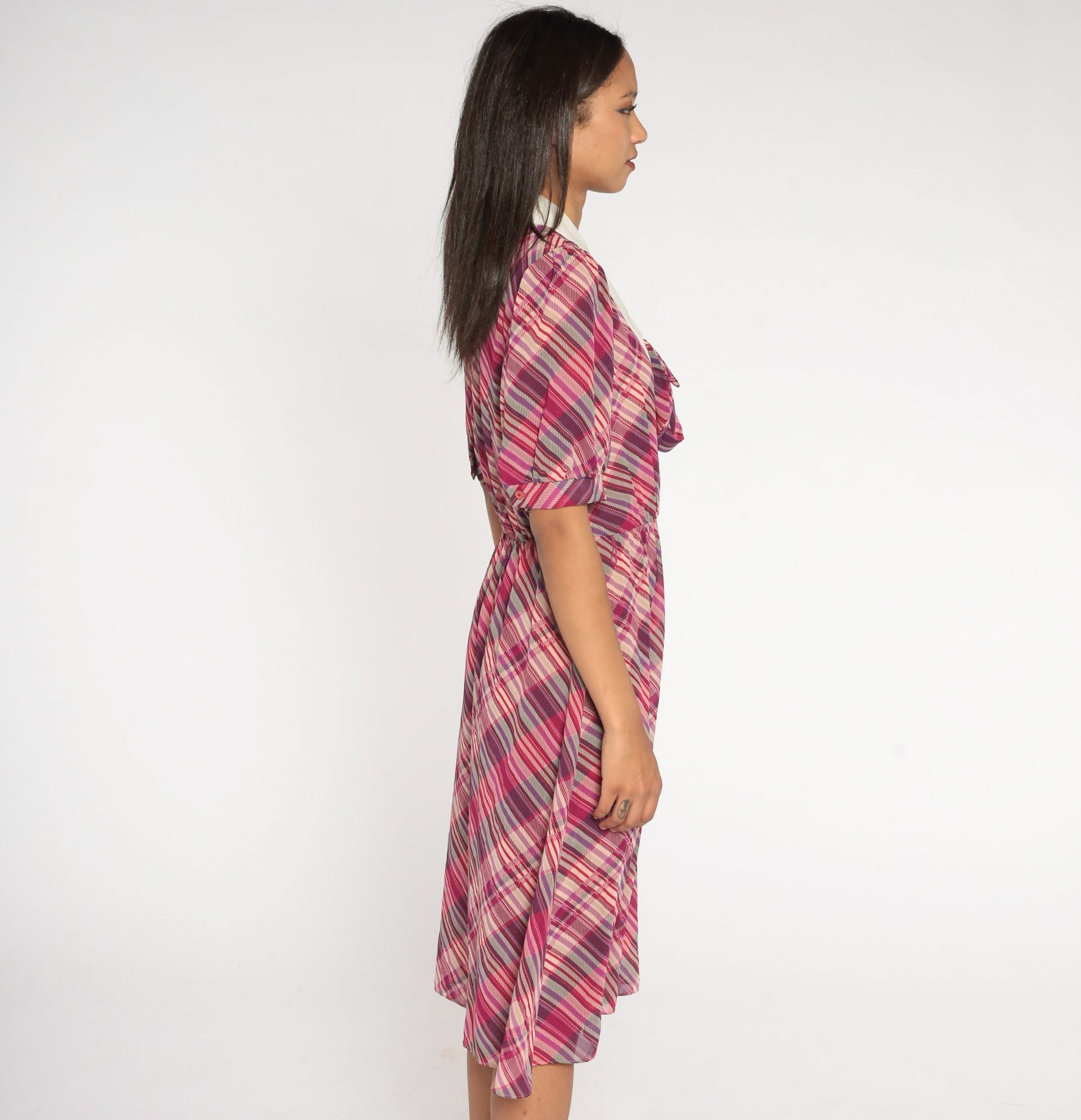 80s Purple Plaid Midi Dress Puff Sleeve Ascot Collar Small Medium