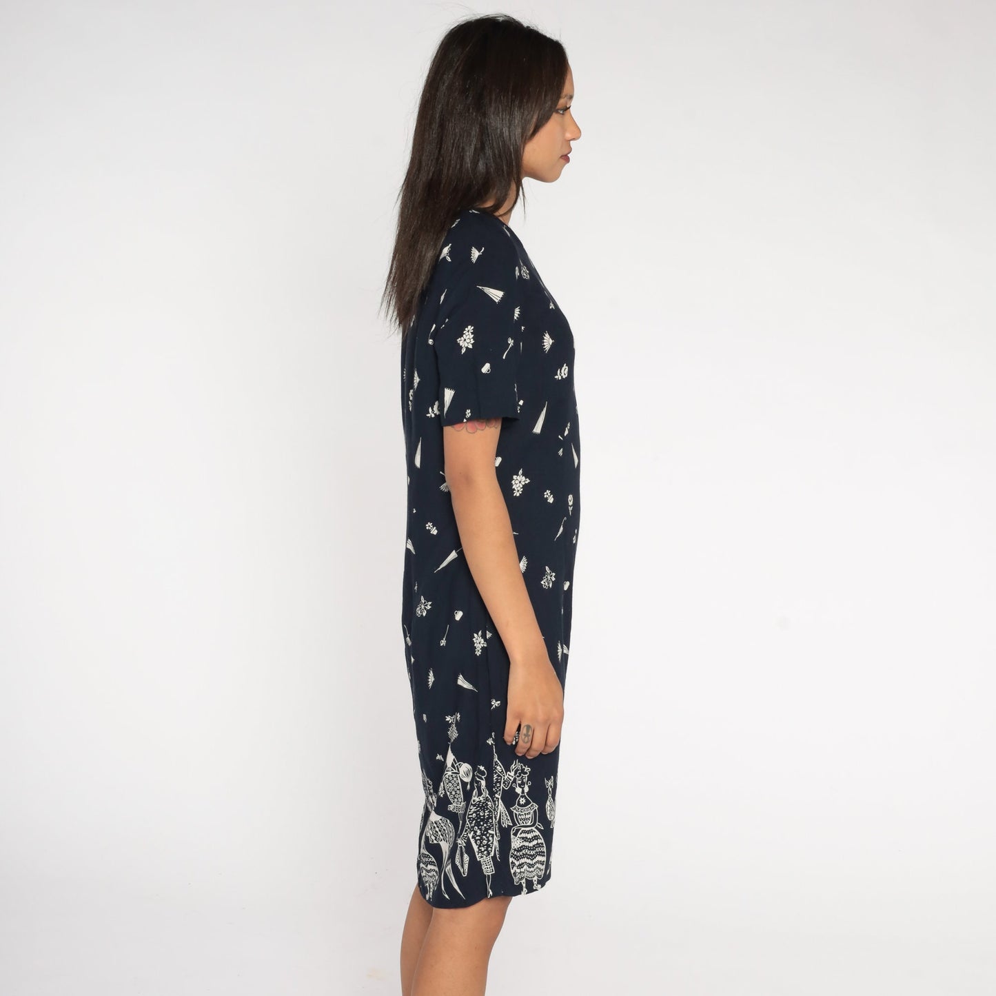 90s Floral Dress Black White Flower Print Midi Sheath Button Side Medium