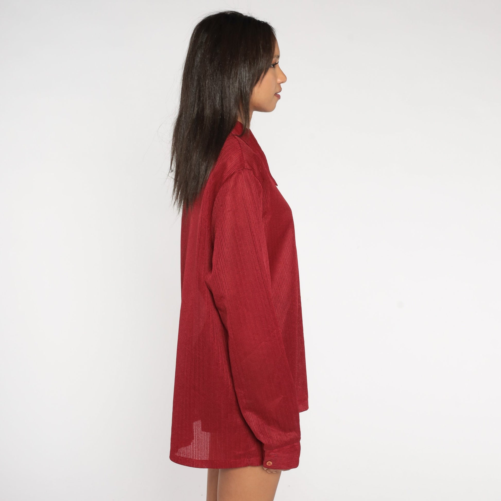 70s Burgundy Ring Pull Zip Shirt Dagger Collar Long Sleeve Extra Large