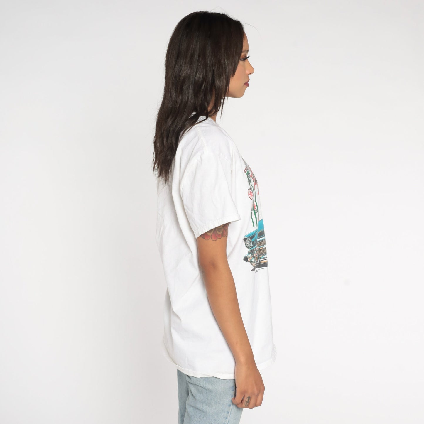Y2K Route 66 Texaco Classic Car Graphic T-Shirt White Cotton Large L