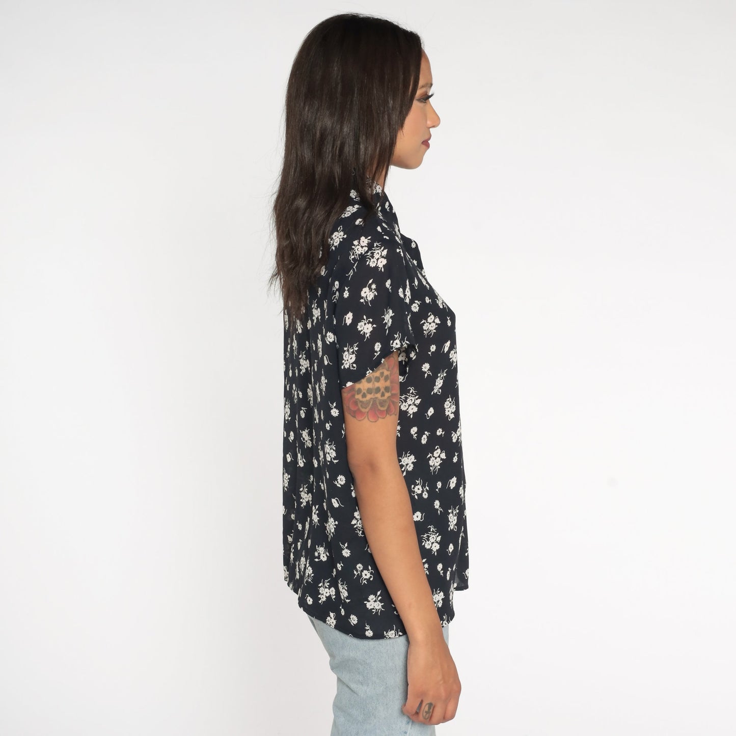 90s Chaus Black Floral Button-Up Blouse Short Sleeve Shirt Large L