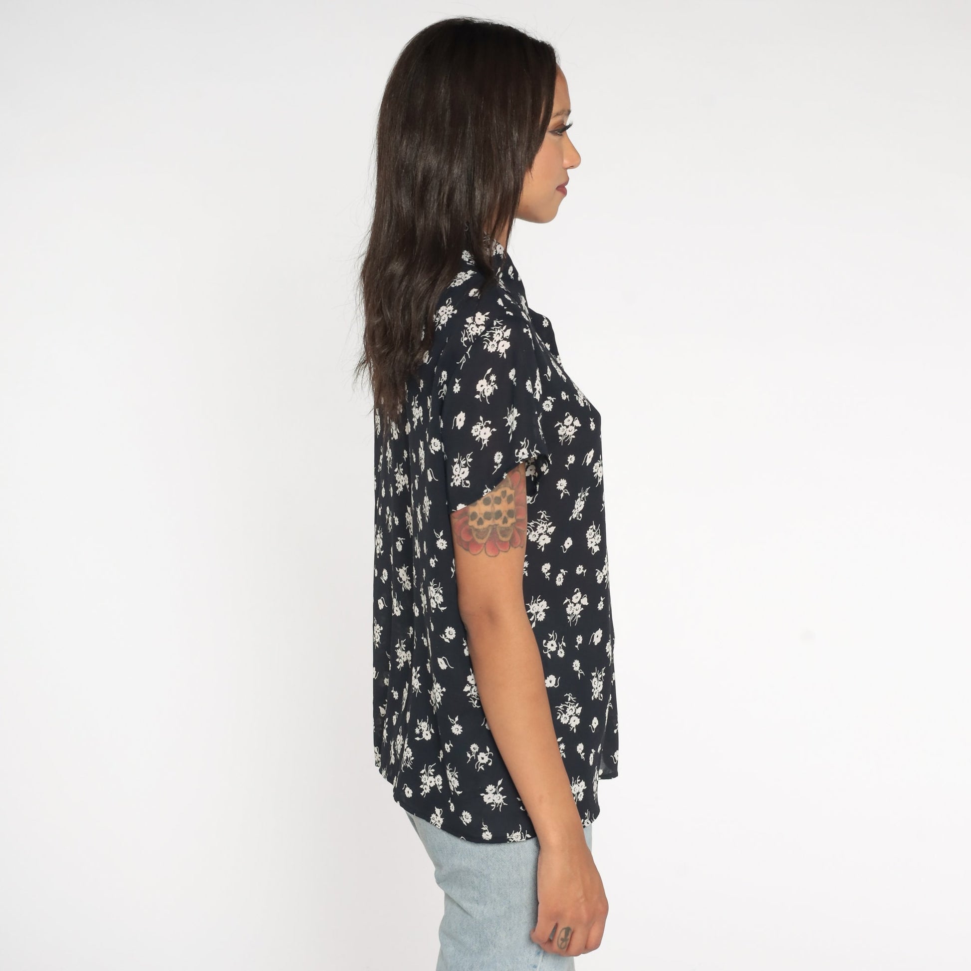 90s Chaus Black Floral Button-Up Blouse Short Sleeve Shirt Large L