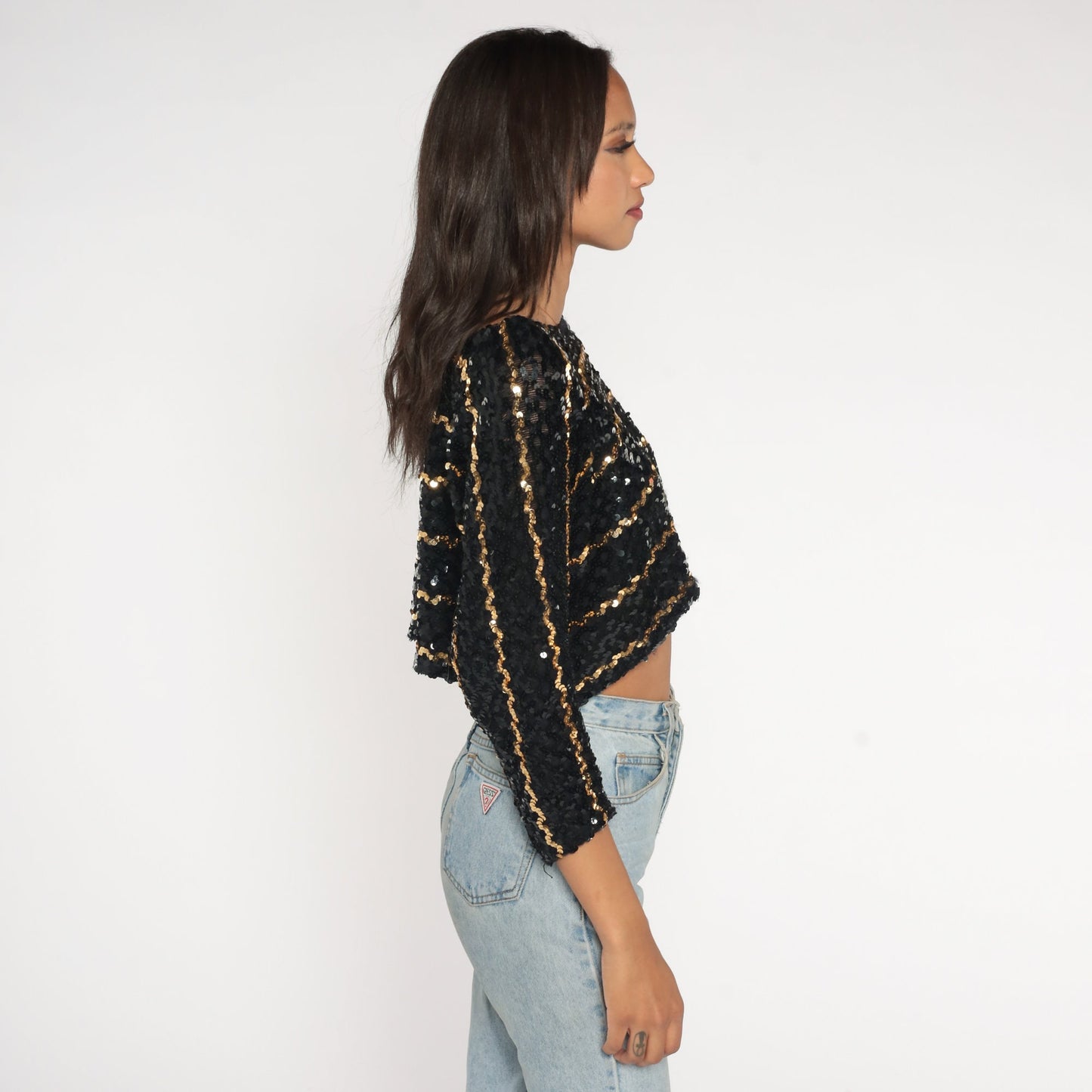 80s Black Gold Sequin Crop Top Long Dolman Sleeve Striped Blouse Medium
