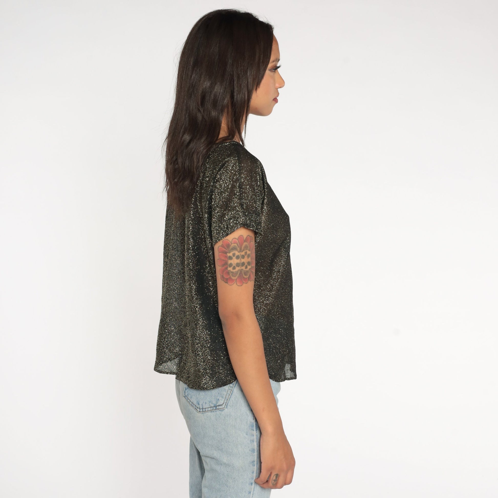 90s Metallic Black Gold Sparkly Blouse Short Sleeve Medium