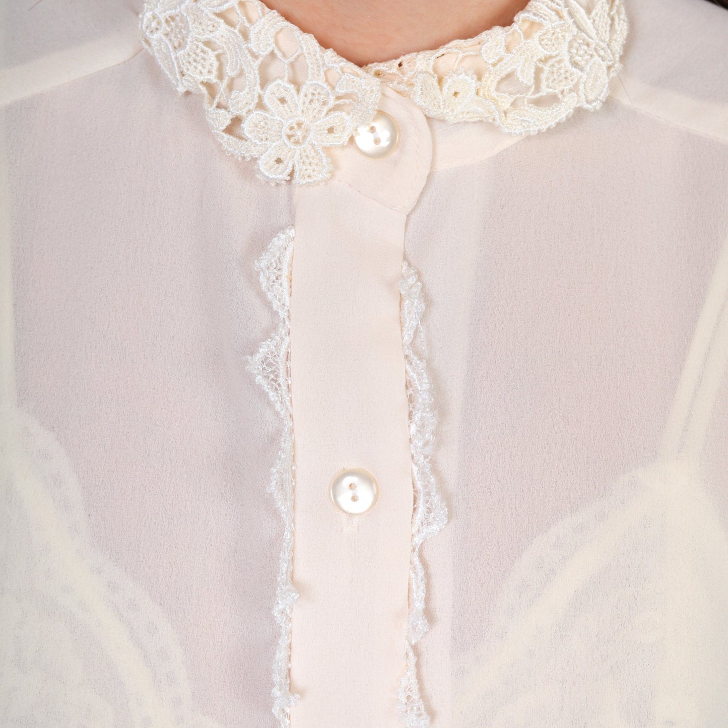 80s White Puff Sleeve Blouse Lace Collar Button-Up Short Sleeve Medium