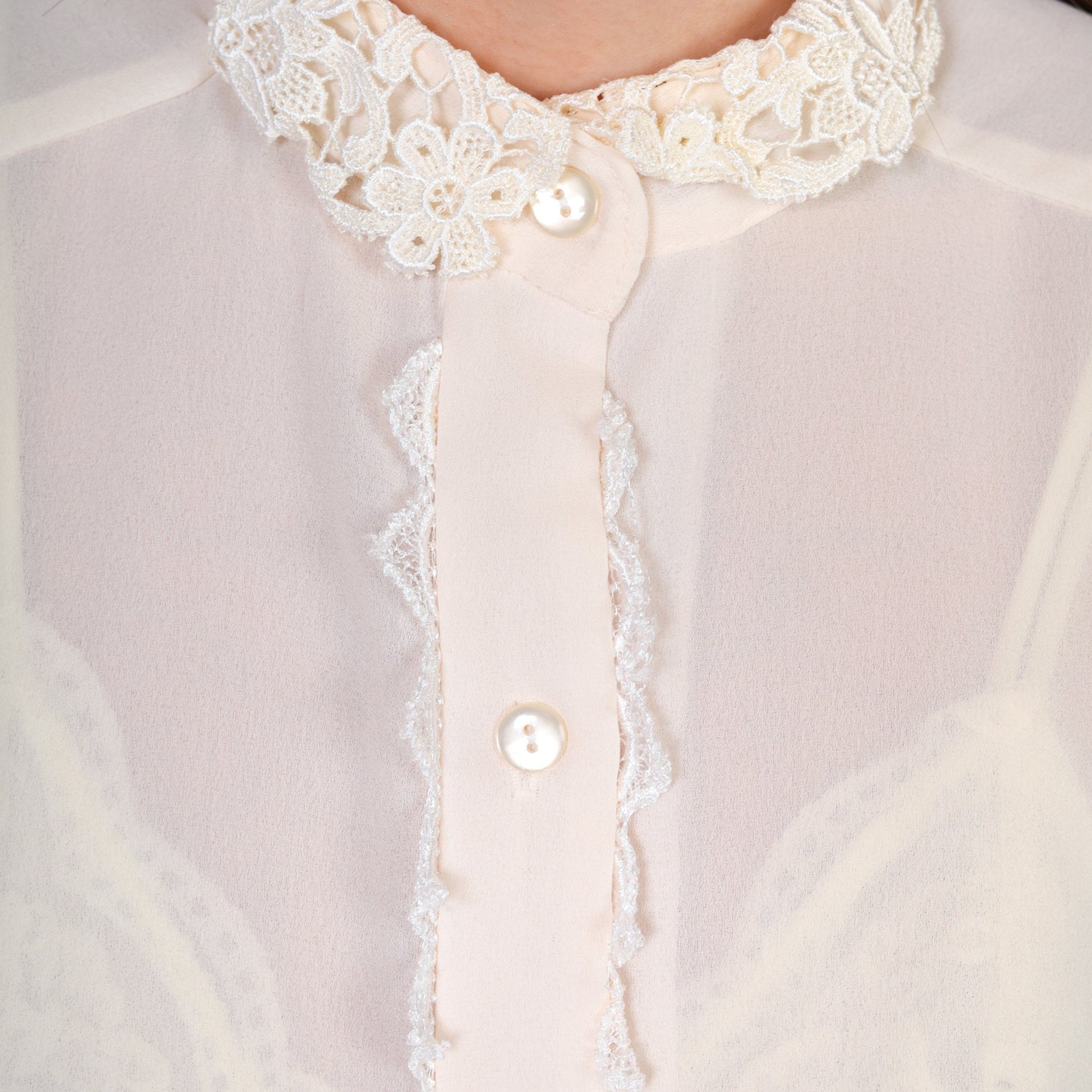 80s White Puff Sleeve Blouse Lace Collar Button-Up Short Sleeve Medium