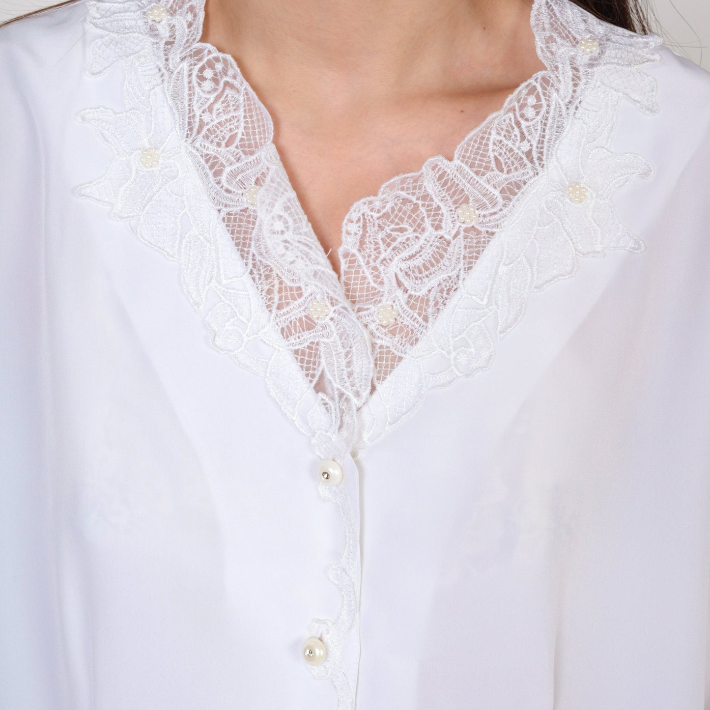 90s Kathie Lee White Beaded Lace Blouse Pearl Rhinestone Button Up Medium