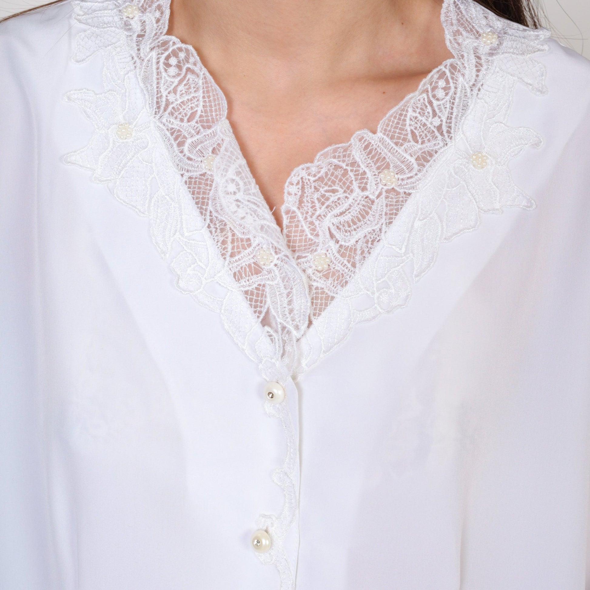 90s Kathie Lee White Beaded Lace Blouse Pearl Rhinestone Button Up Medium
