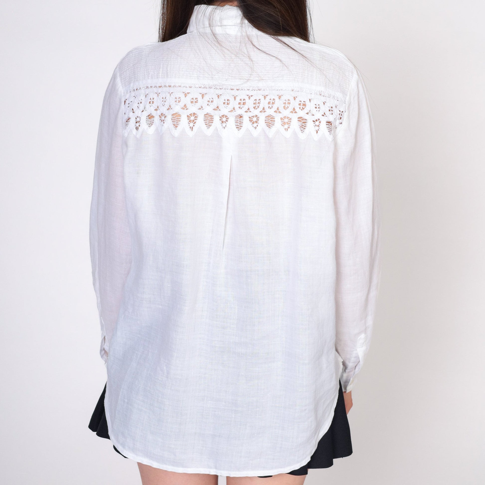 90s White Lace Cutout Button-Up Blouse Long Sleeve Extra Large