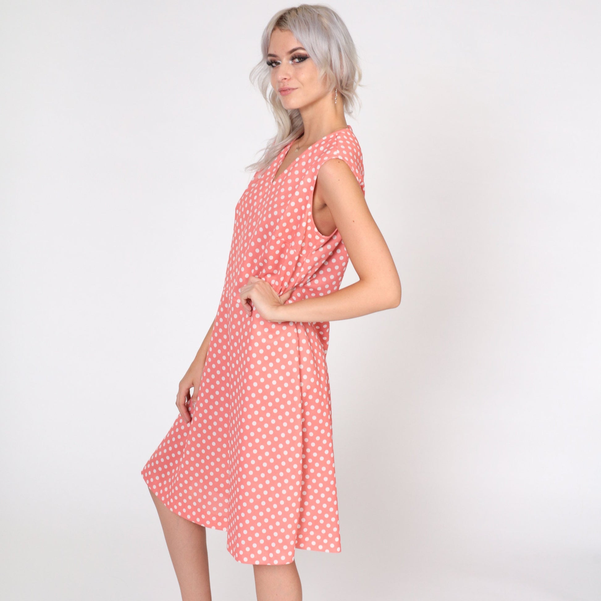 70s Pink Polka Dot Mini Dress Sleeveless V-Neck High Waist Medium