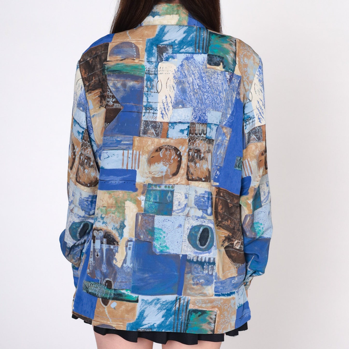 90s Abstract Patchwork Button-Up Shirt Blue Long Sleeve Extra Large