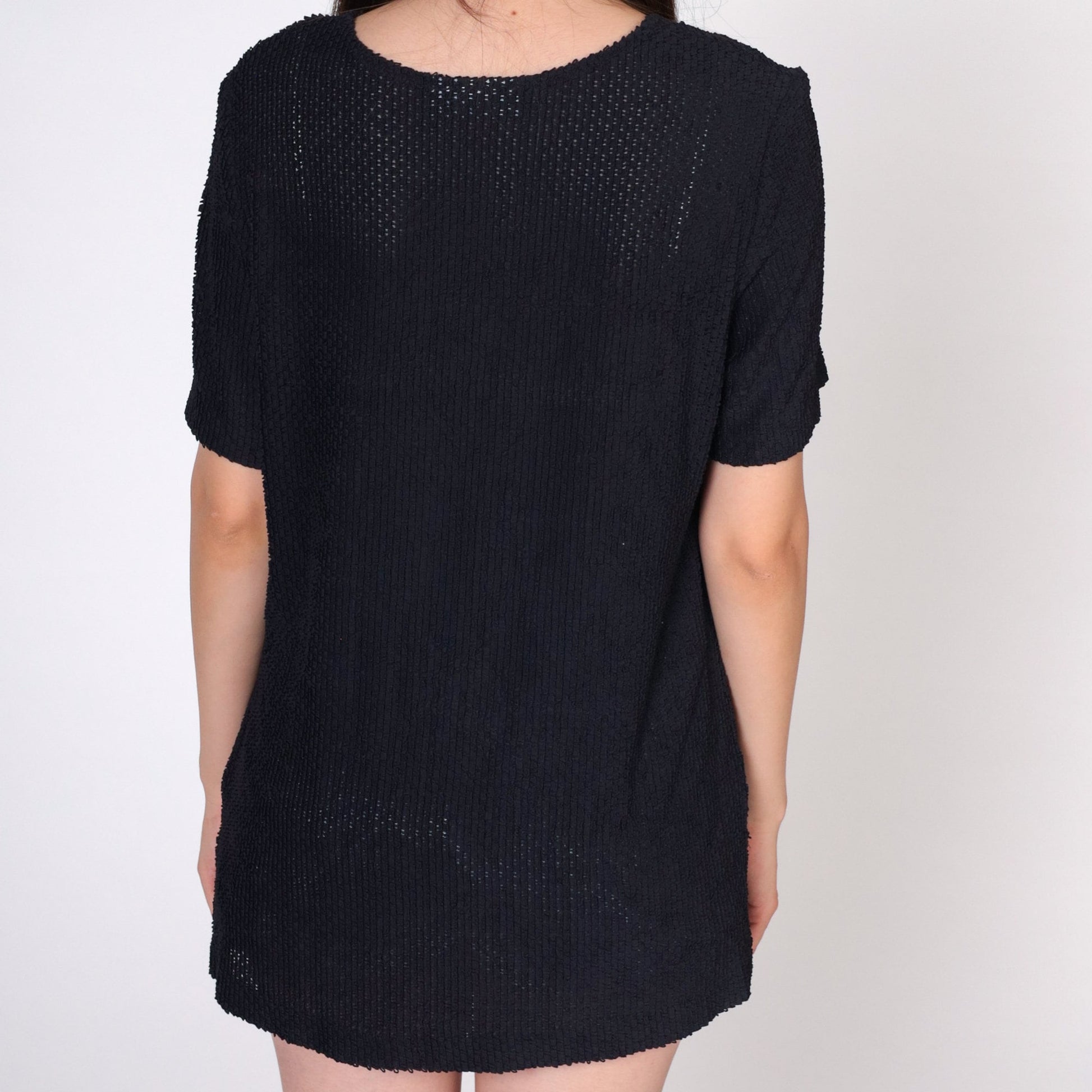 90s Black Sheer T-Shirt Textured Crewneck Short Sleeve Medium