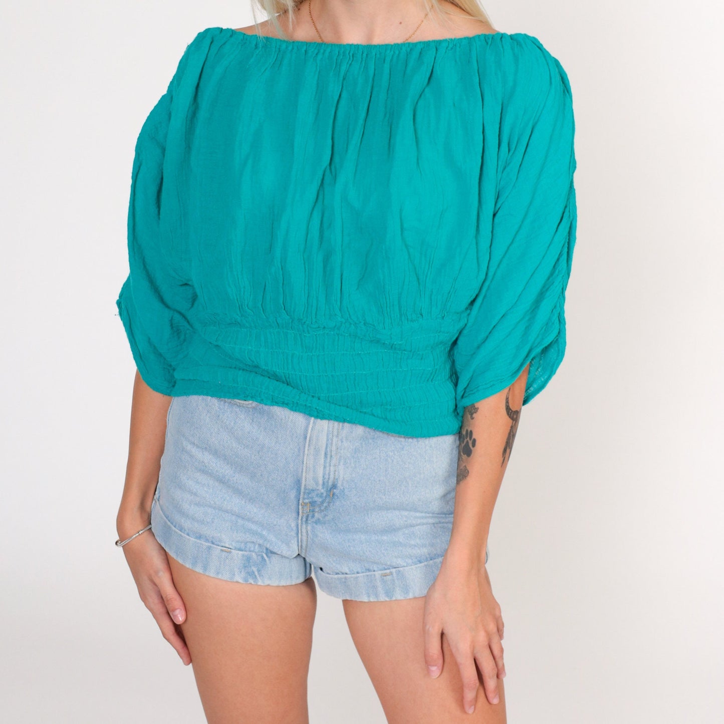 90s Teal Off-Shoulder Smocked Peasant Blouse Ruched Half-Sleeve Small Medium