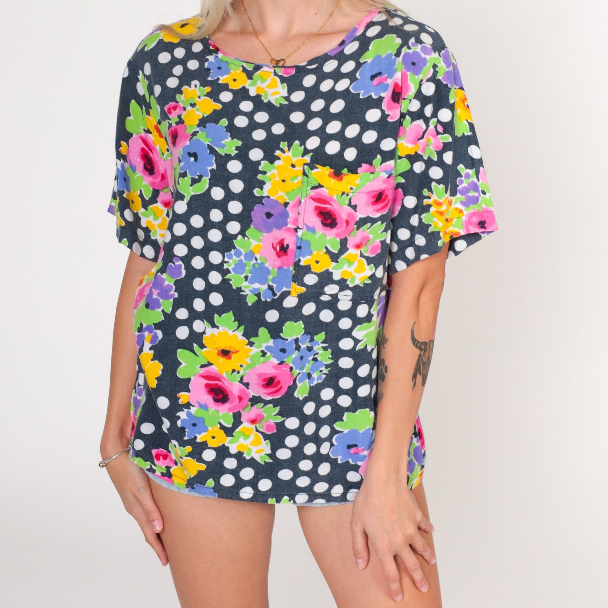 90s Polka Dot Floral Blouse Black Faded Print Short Sleeve Top Small