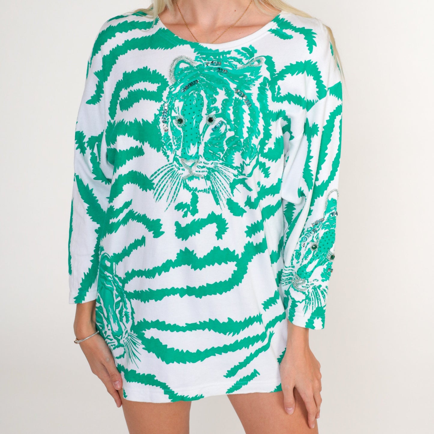 80s Beaded Tiger T-Shirt Sequined Animal Graphic Tee Green White Small