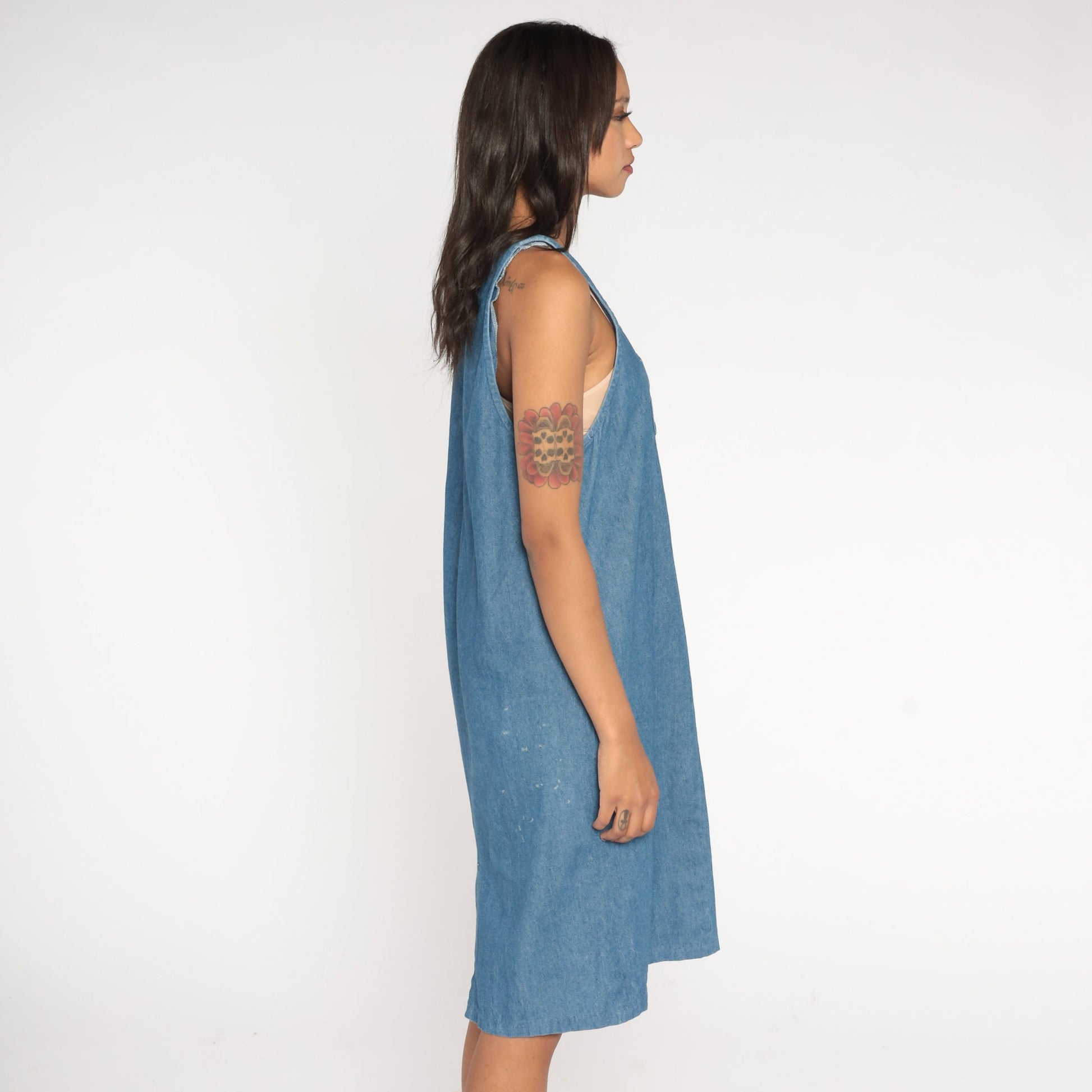 90s Blue Denim Midi Dress Flower Patch Sleeveless Cotton Medium M