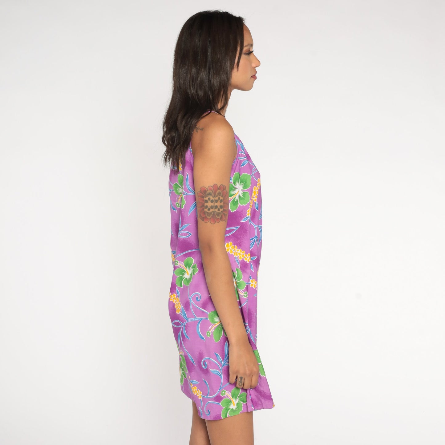 90s Purple Tropical Floral Mini Dress Sleeveless Sundress Small S