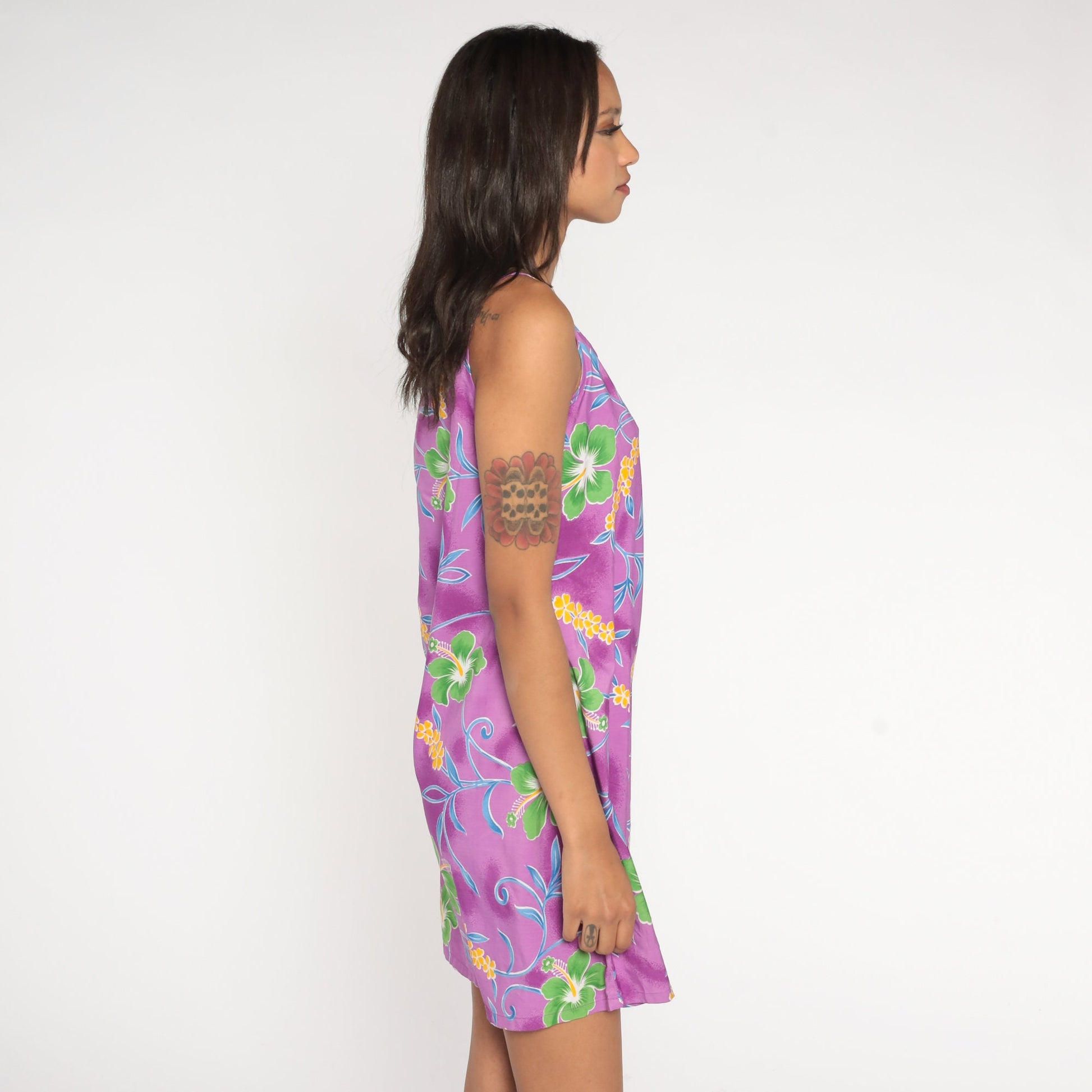90s Purple Tropical Floral Mini Dress Sleeveless Sundress Small S