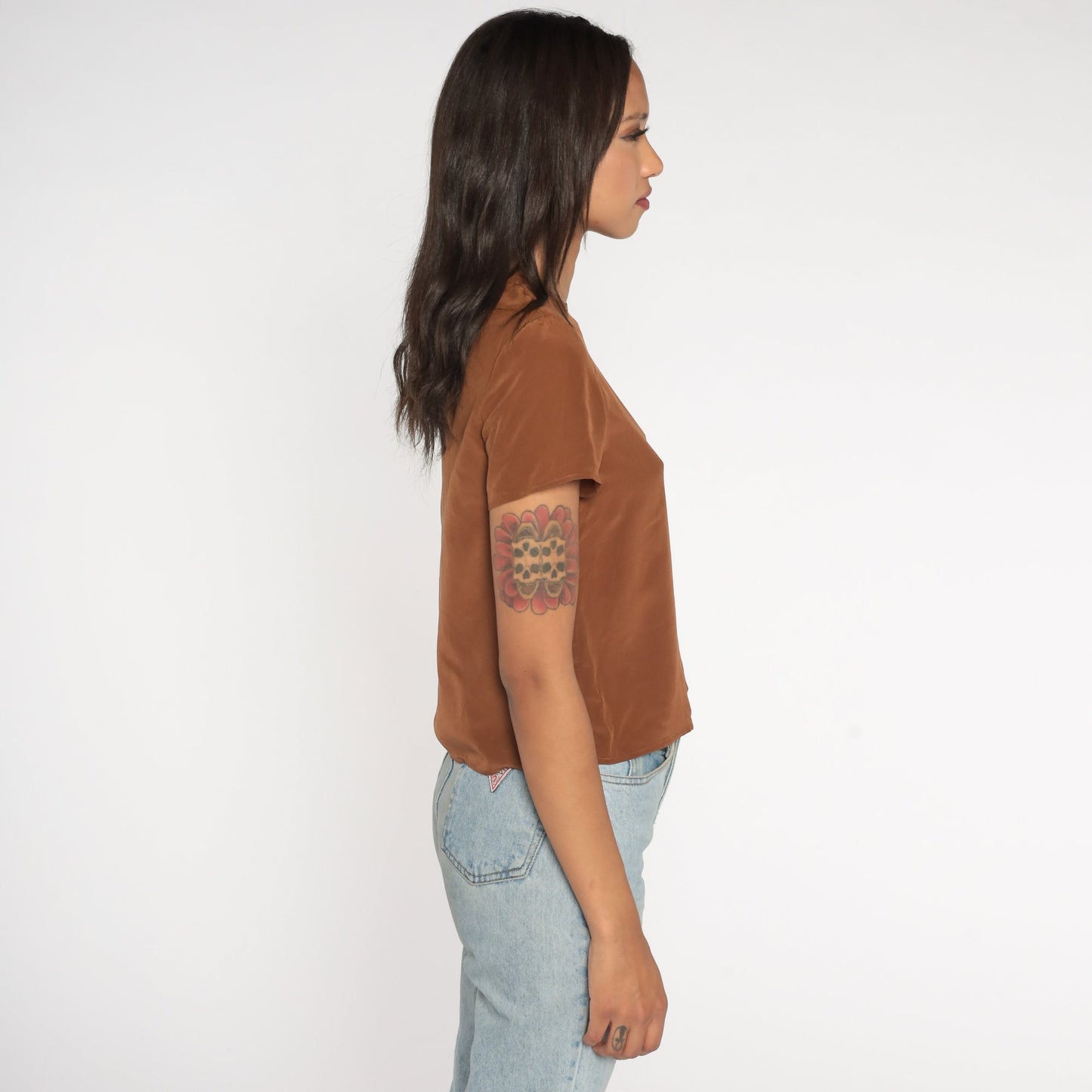 80s Brown Shiny Blouse Short Sleeve Crewneck Small