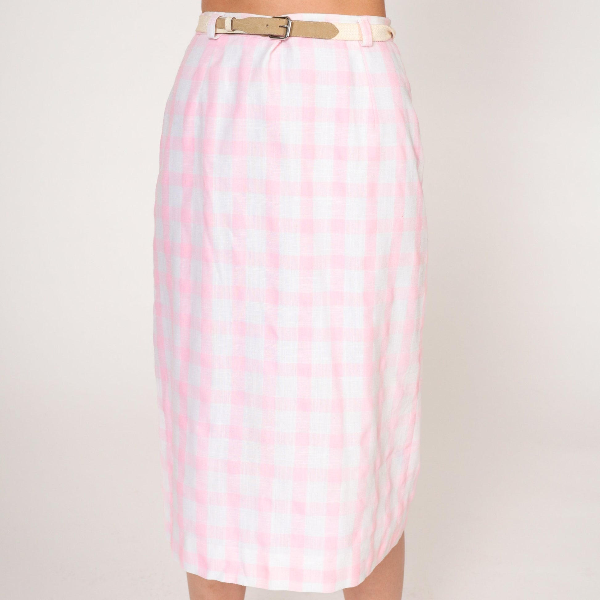 60s Pink Gingham Midi Skirt High Waisted Belted Pencil Extra Small XS