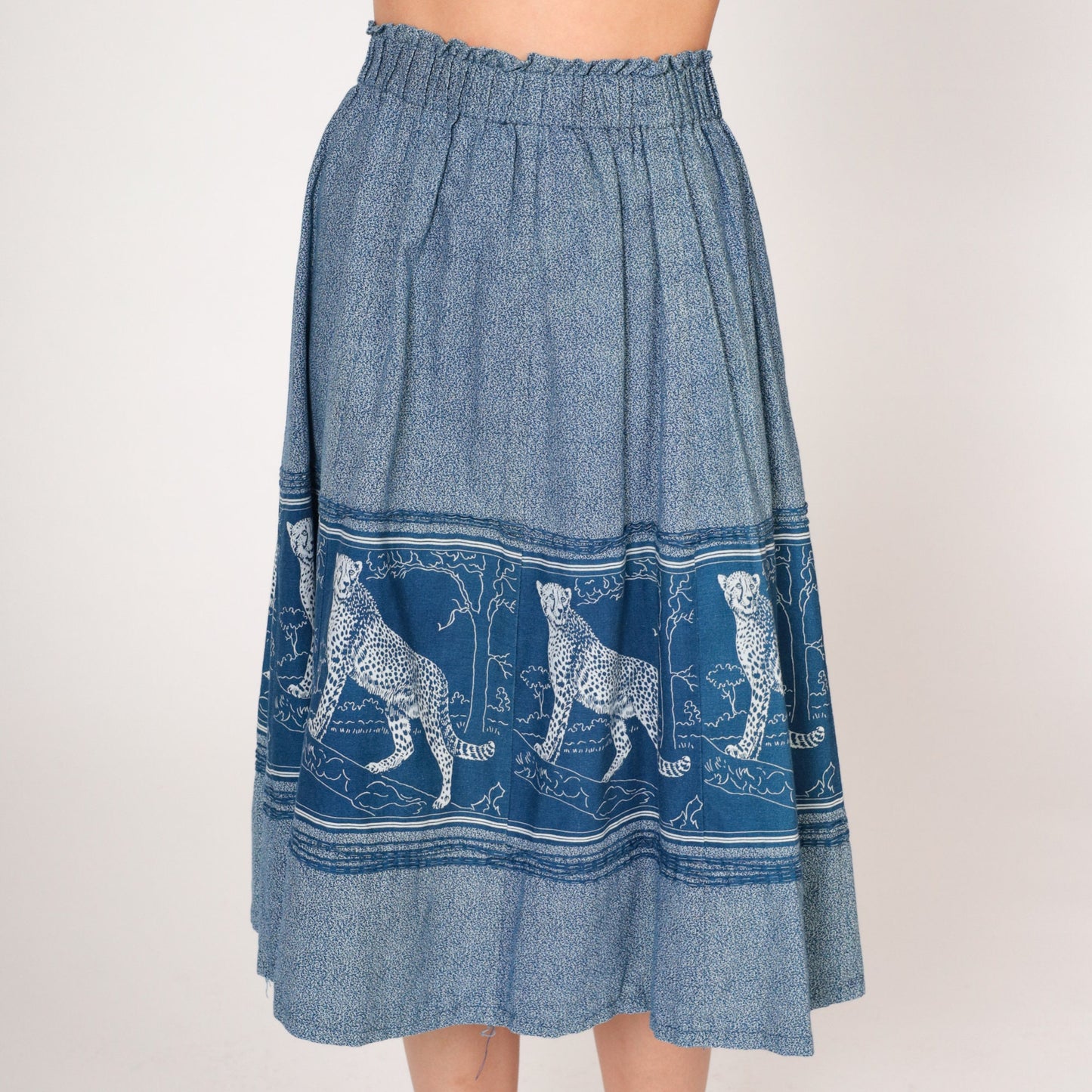 80s Leopard Print Midi Skirt Blue Jungle Cat A-Line High Waist Extra Small