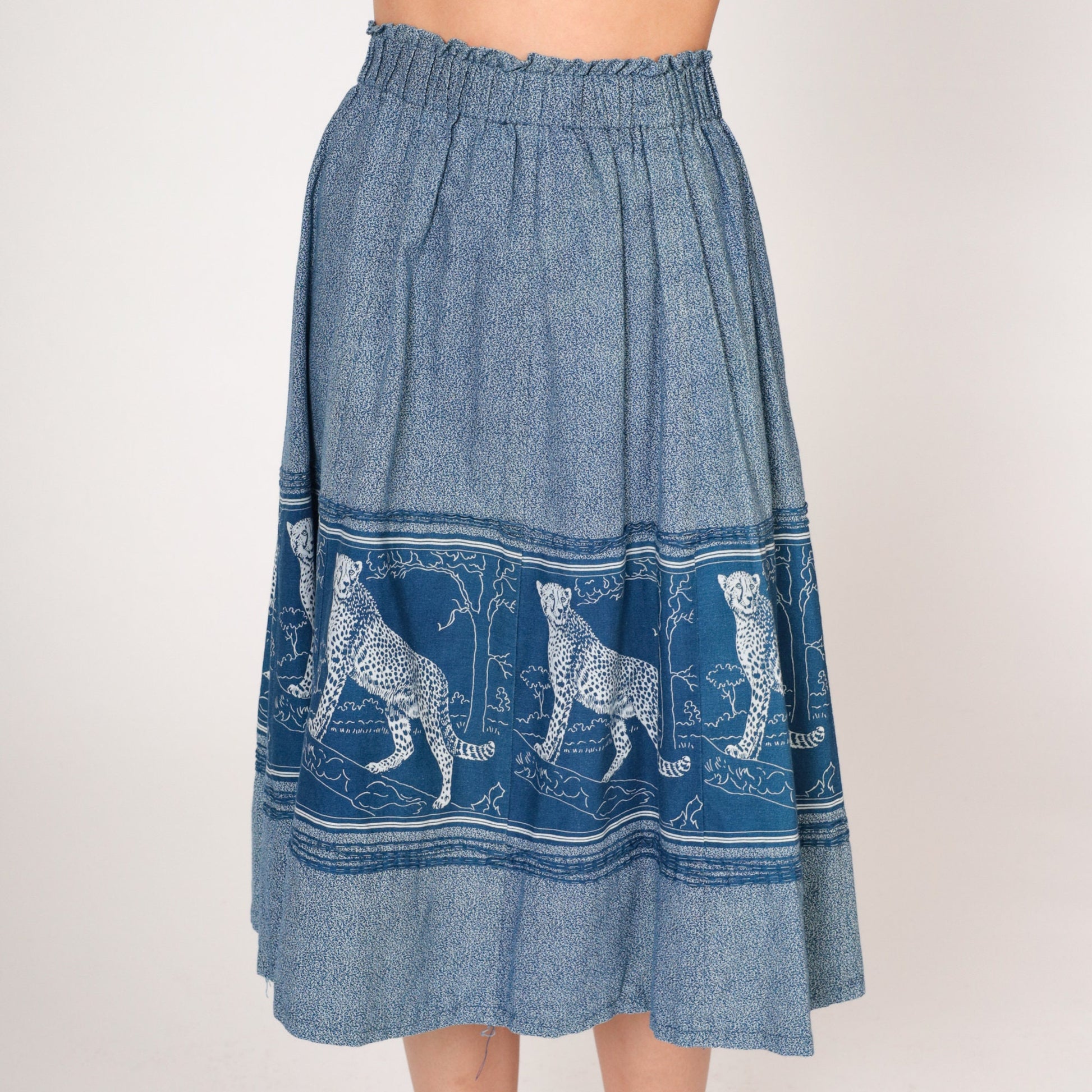 80s Leopard Print Midi Skirt Blue Jungle Cat A-Line High Waist Extra Small