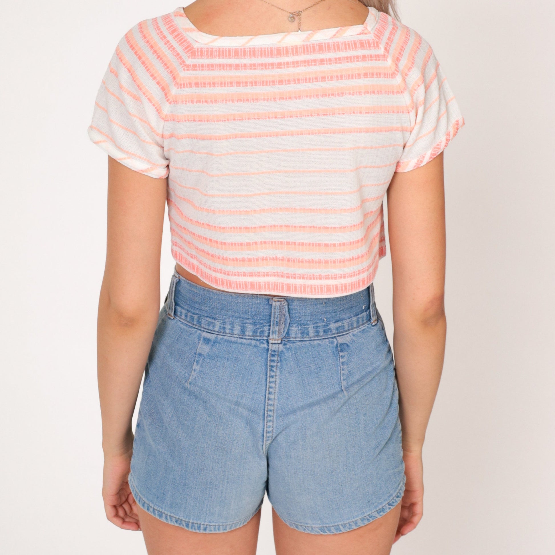 70s Catalina Striped Crop Top White Pink Orange Short Sleeve Extra Small