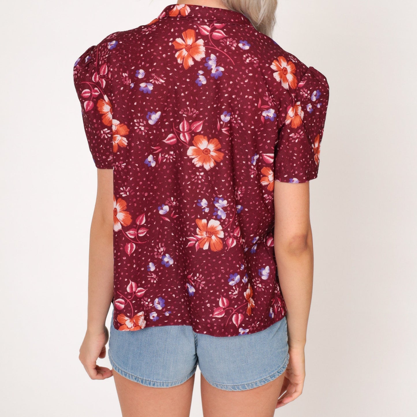 70s Burgundy Floral Puff Sleeve Button-Up Blouse Dot Print Medium