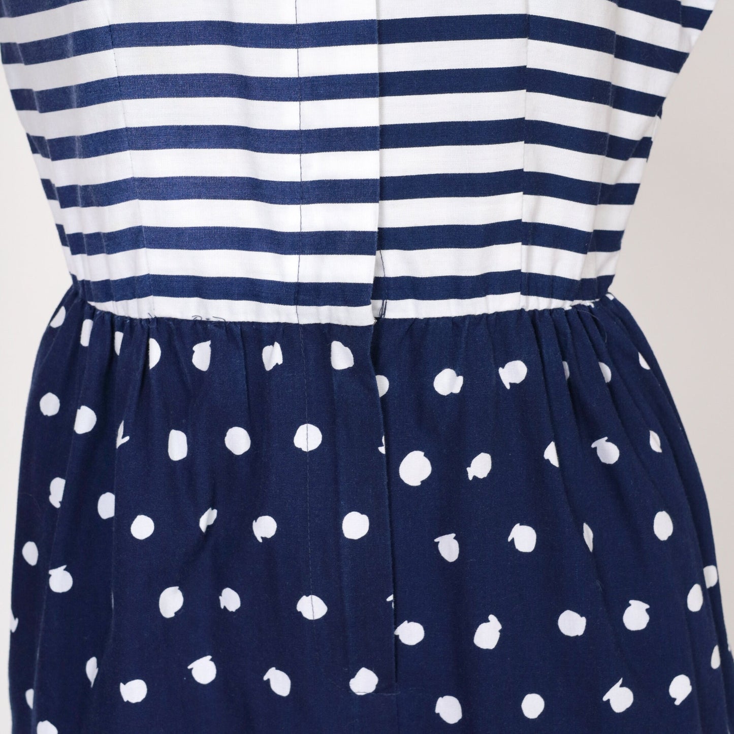 80s California Girl Petites Day Dress Blue White Striped Polka Dot Knee Length Small