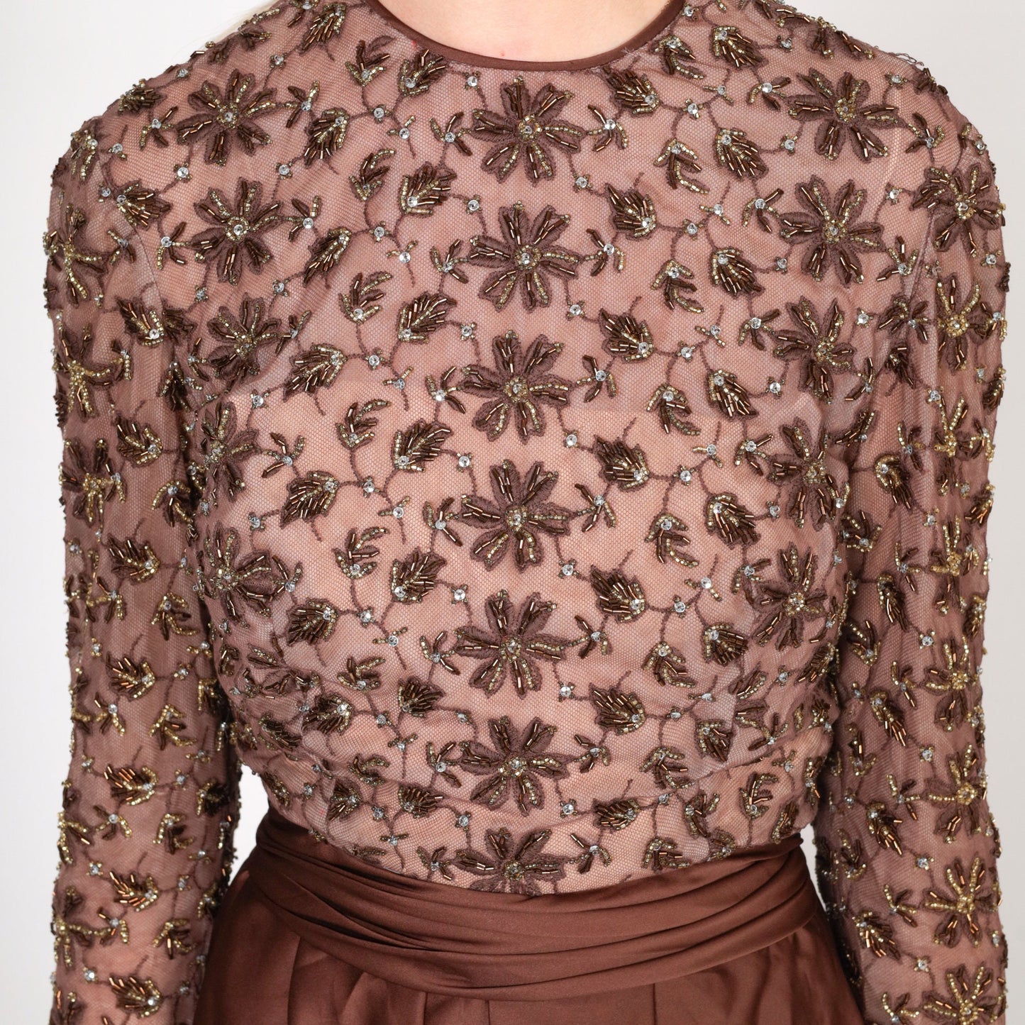 1960s Brown Beaded Floral Maxi Dress Long Sleeve High Waist Small