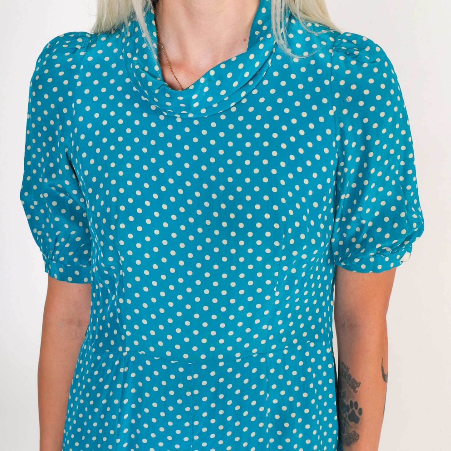 70s Blue Polka Dot Silk Shift Dress Puff Sleeve Mini High Waist Extra Small