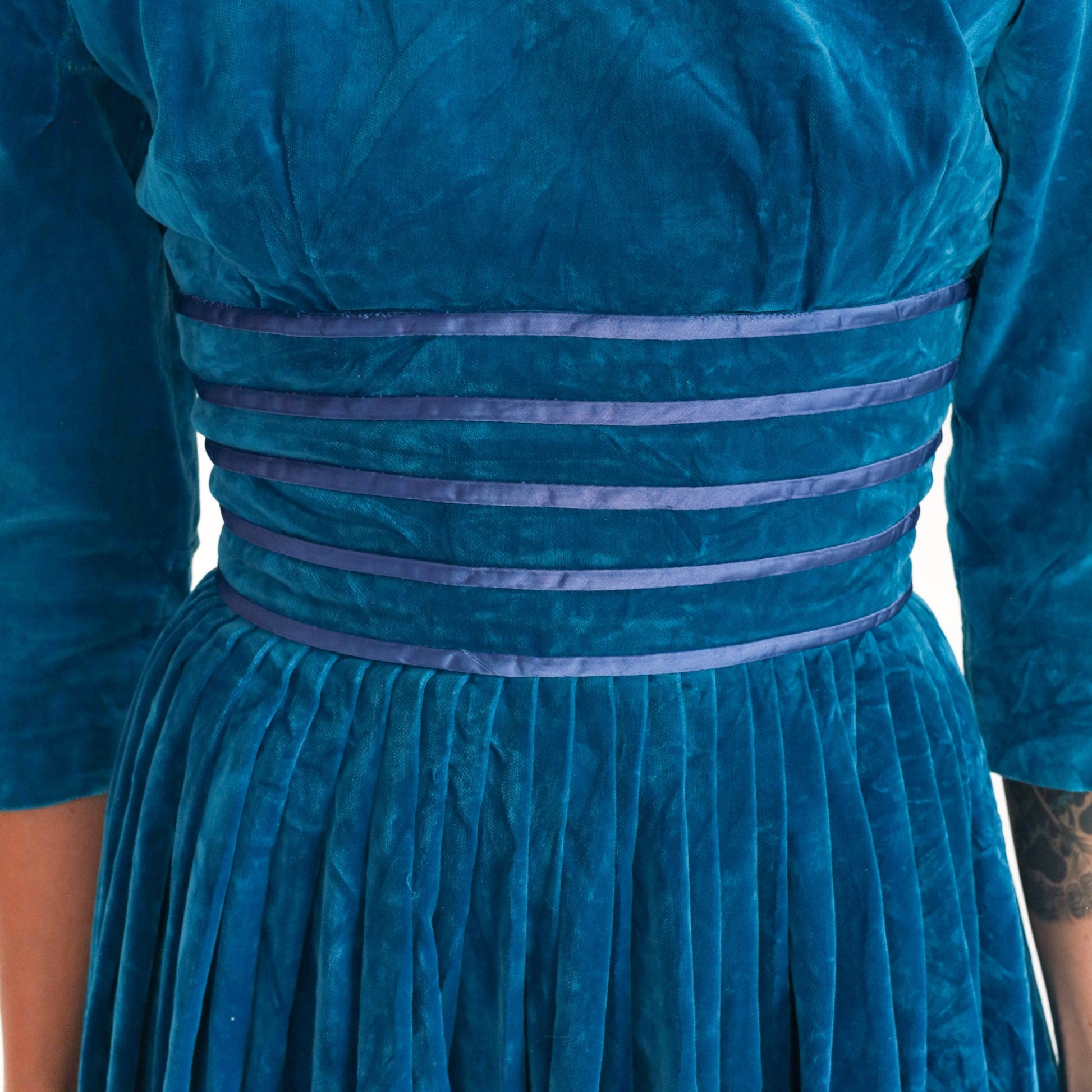 60s Blue Velvet Party Dress Empire Waist Pleated Mini 3/4 Sleeve XXS