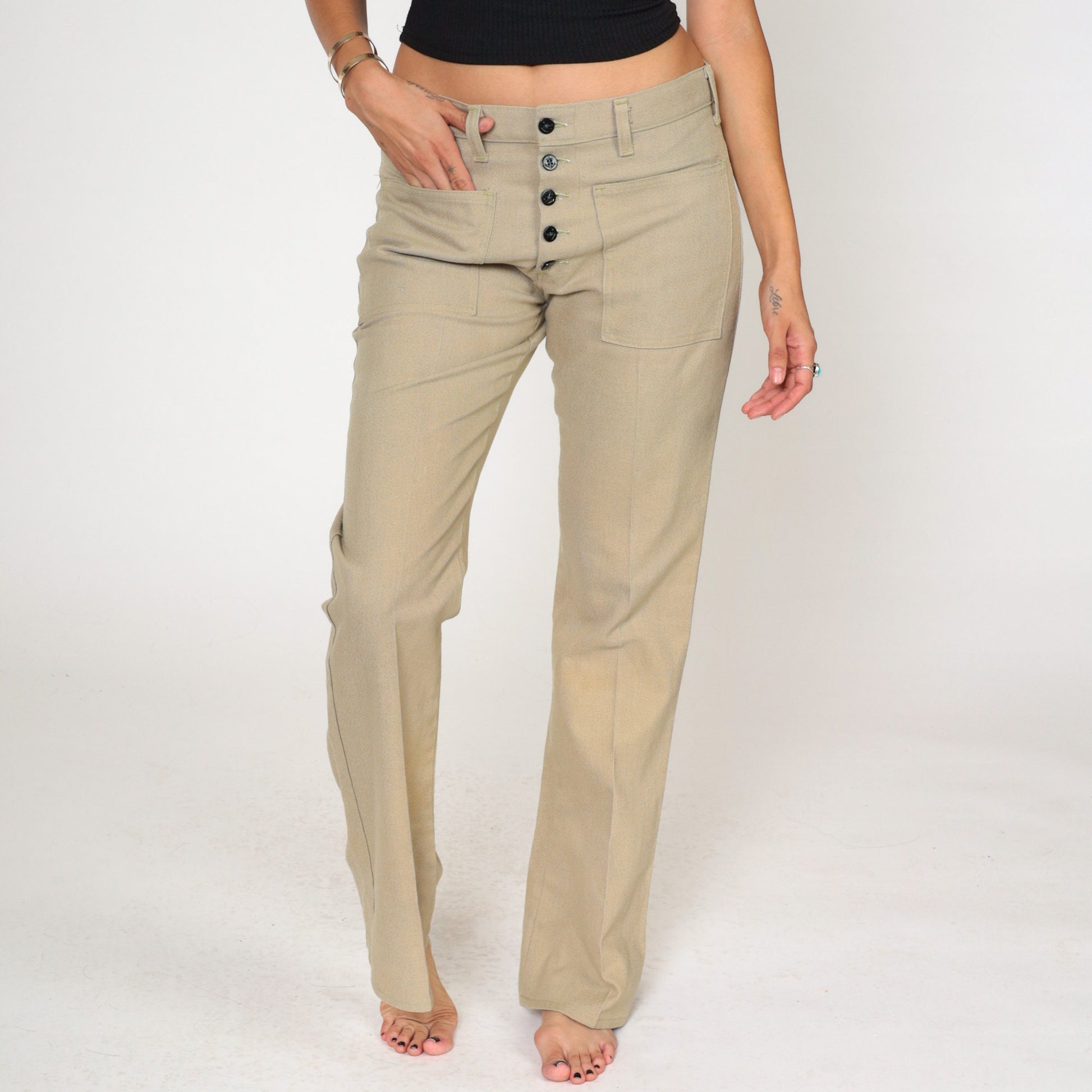 70s Tan Flared Trousers Exposed Button Fly Bell Bottom Mid Rise Medium