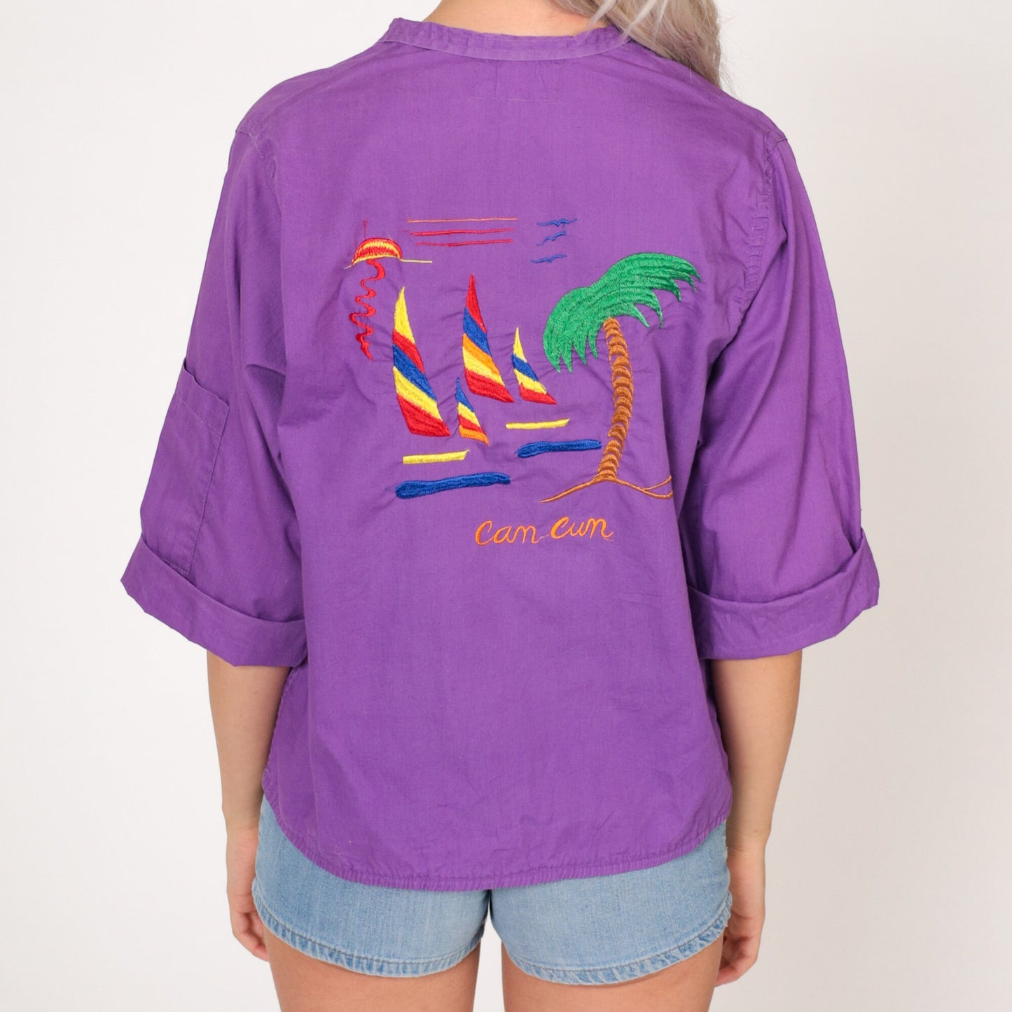 80s Cancun Embroidered Purple Button-Up Blouse Tropical Sailboat Cotton Small