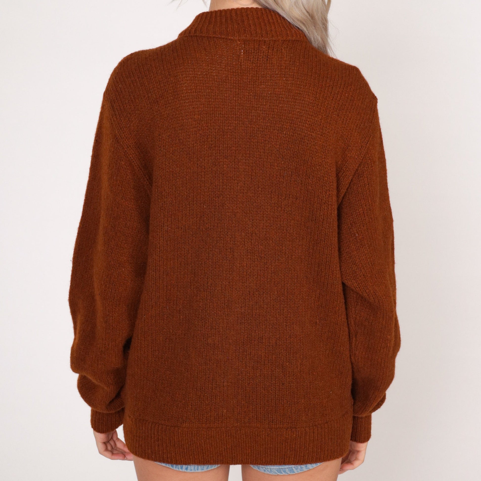 70s Cabot Brown Wool Cable Knit Sweater Faux Suede Panel Crewneck Medium
