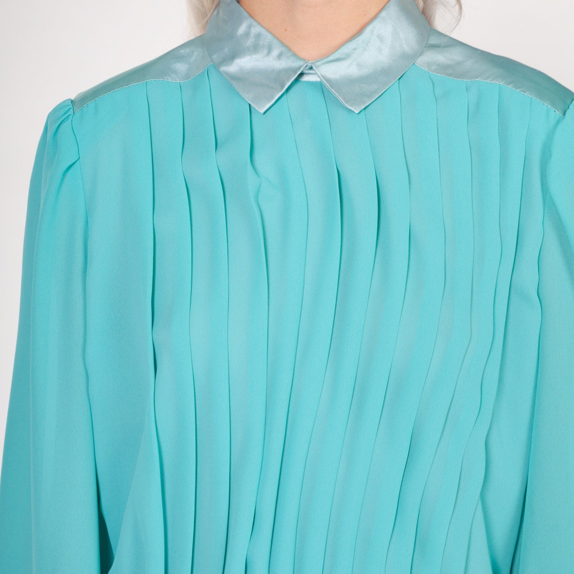 70s Aqua Blue Pleated Midi Dress Collared Puff Sleeve High Waisted Large L