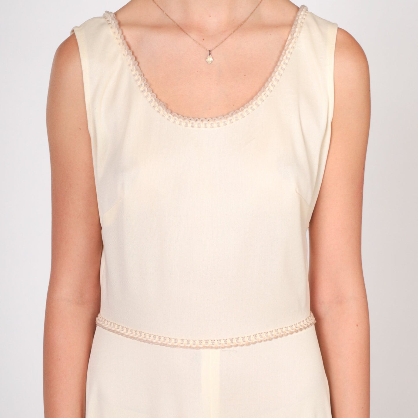 70s Cream Maxi Dress Sleeveless High Waist Scalloped Trim Small
