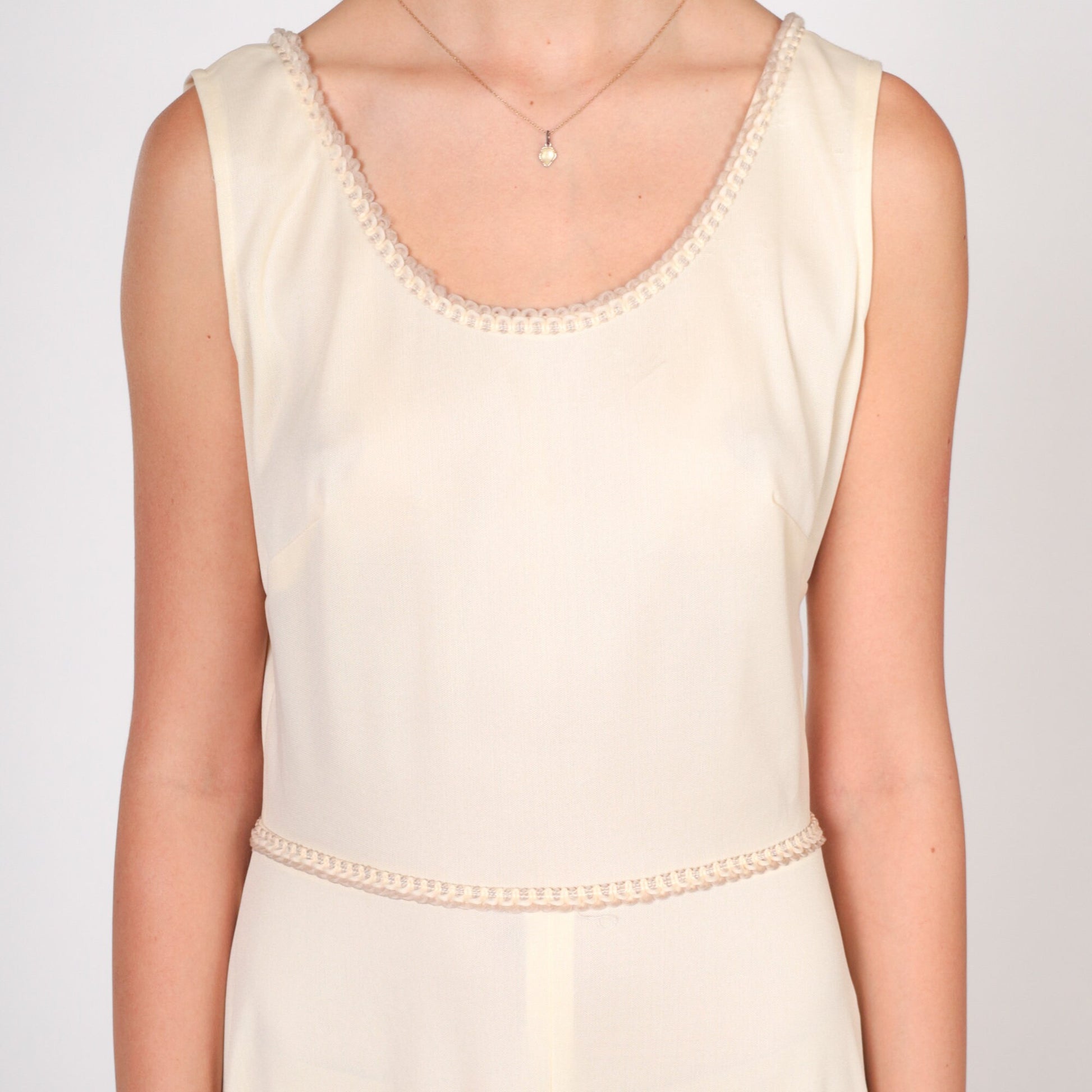 70s Cream Maxi Dress Sleeveless High Waist Scalloped Trim Small