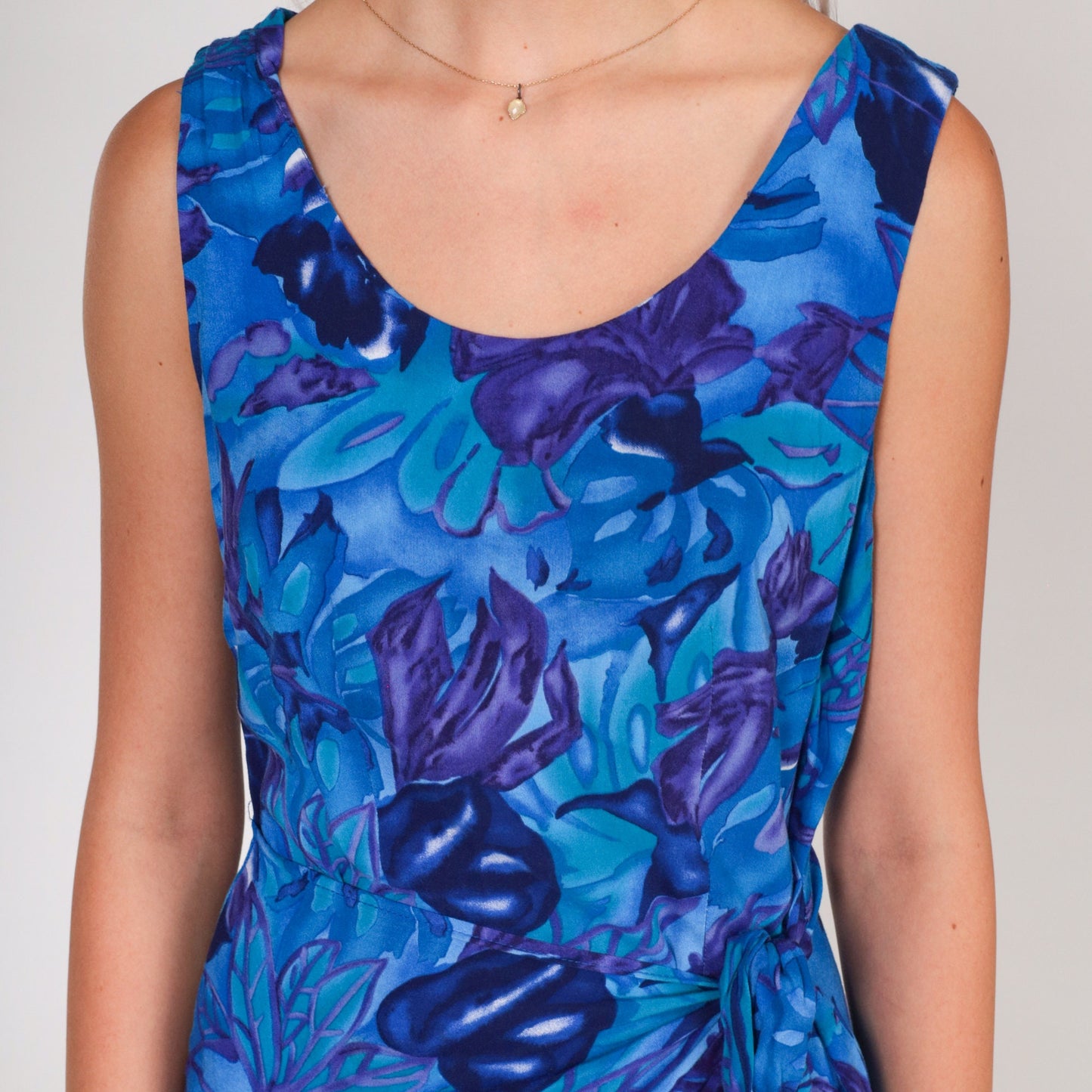 90s All That Jazz Tropical Leaf Mini Dress Blue Sleeveless Wrap Skirt Extra Small