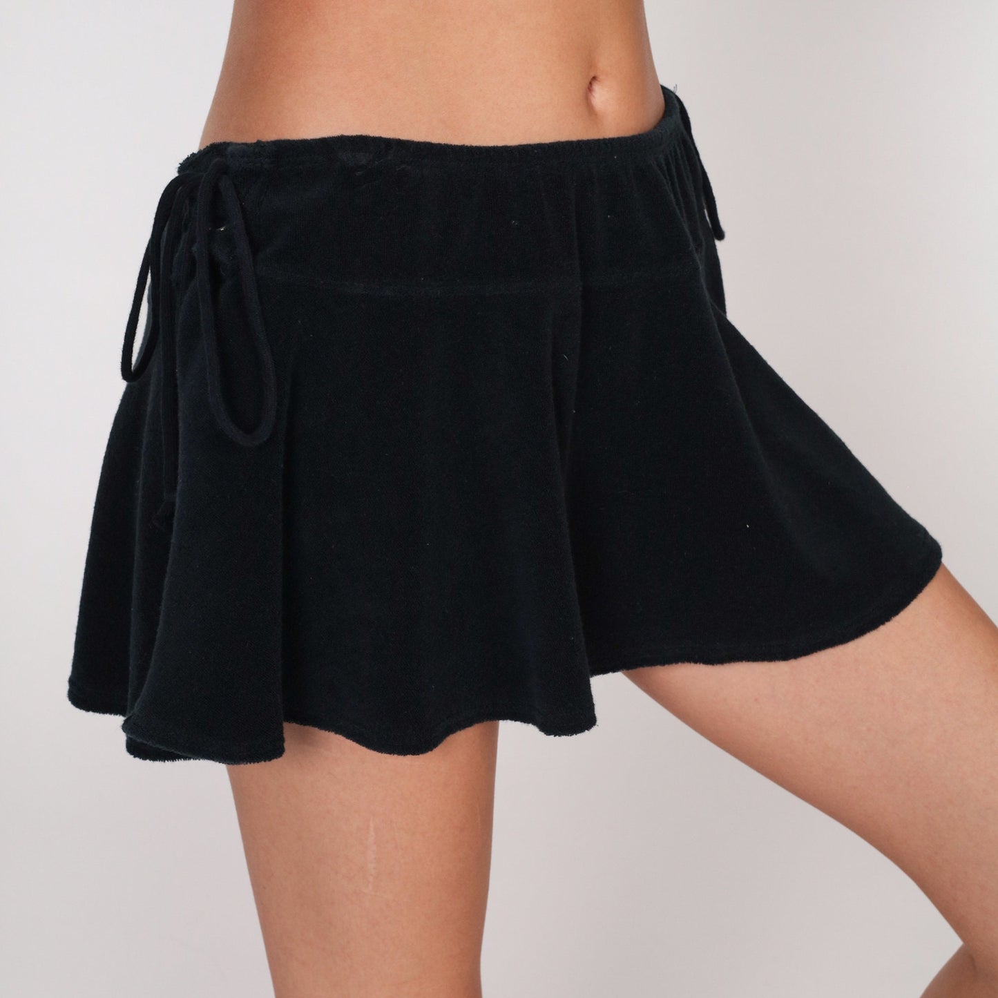 00s Black Terrycloth Micro Mini Skirt Lace-Up Sides Y2K Medium