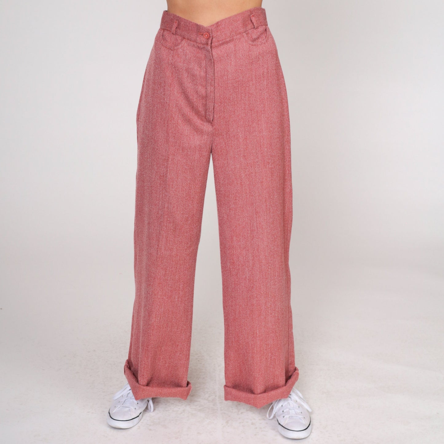 70s Heather Red High-Waisted Wide Leg Trousers Cuffed Straight Small S
