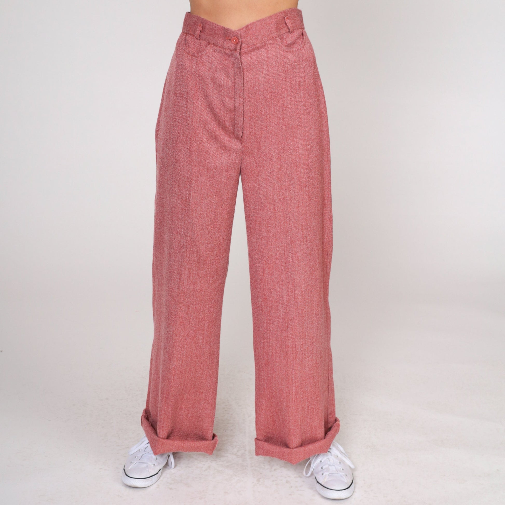 70s Heather Red High-Waisted Wide Leg Trousers Cuffed Straight Small S