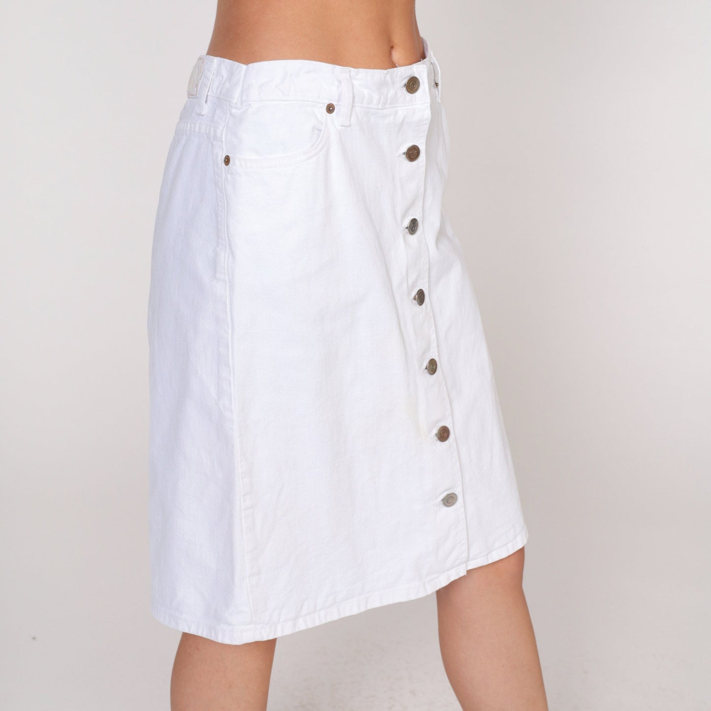90s Guess White Denim Mini Skirt High Waisted Button Front Small 28
