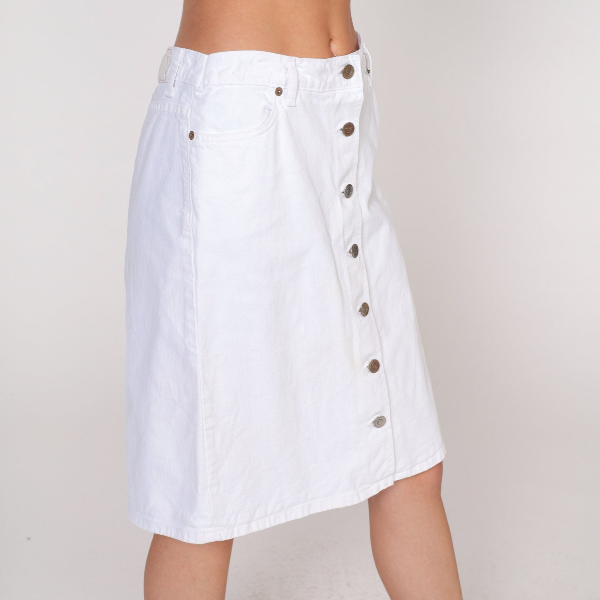 90s Guess White Denim Mini Skirt High Waisted Button Front Small 28