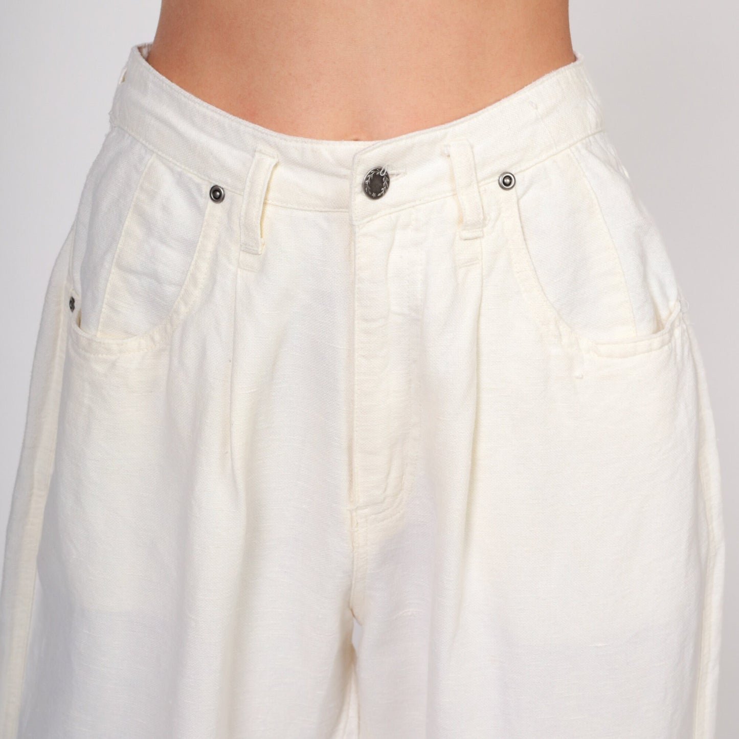 80s Cream Linen Pleated High-Waist Trousers Tapered Leg Small S