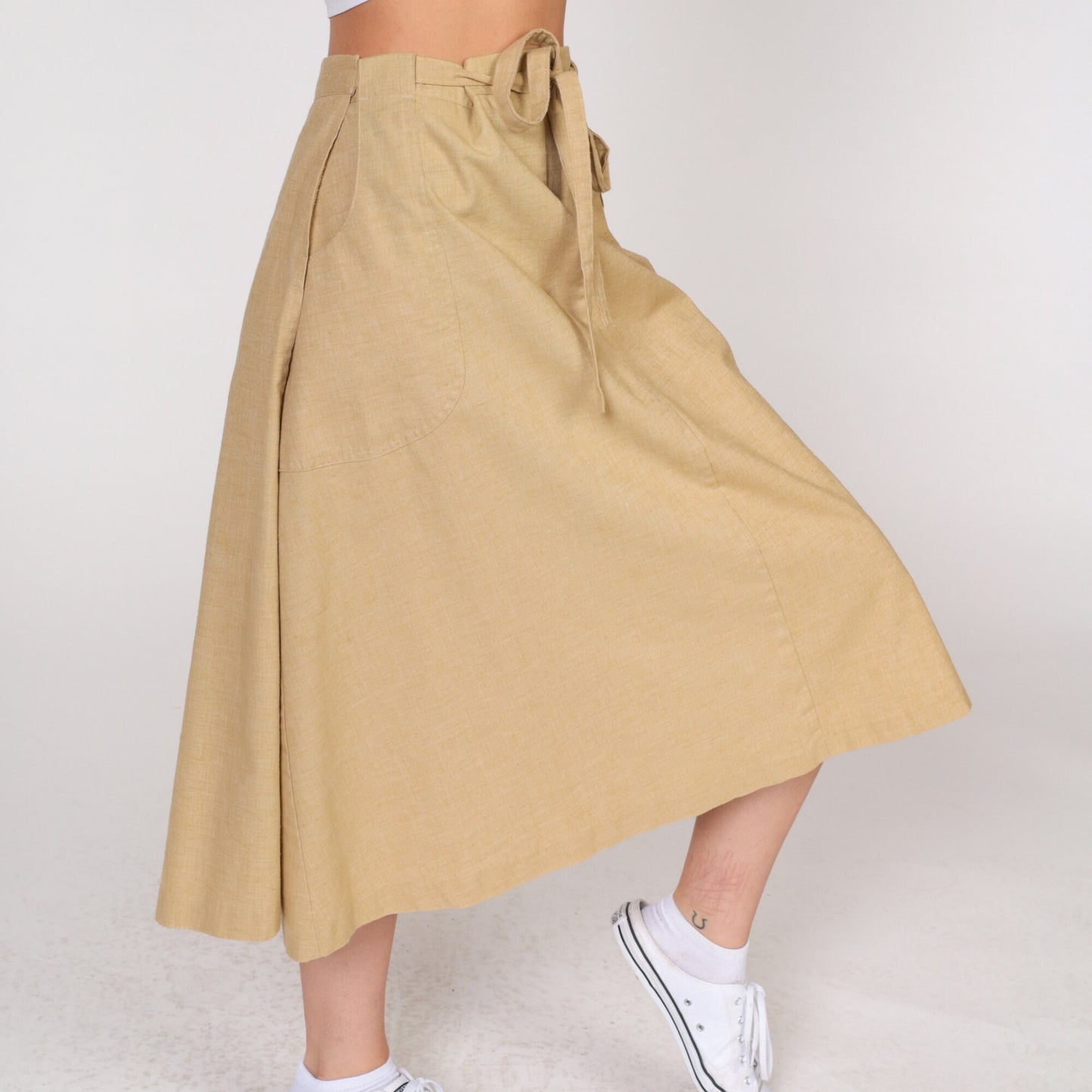 90s Tan Wrap Skirt High Waist Midi Pockets Cotton Medium Large